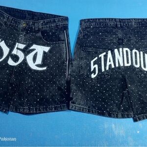 Black Denim Shorts with White Print